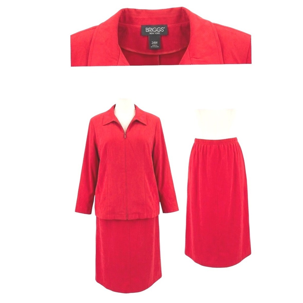 BRIGGS NEW YORK Womens Red Zip Front Mole Skin Blazer Skirt Suit Set Size 24W **